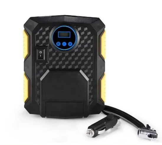 DC 12V digital tire inflator with LED display, bright light, and 3-metre cord for portable car use