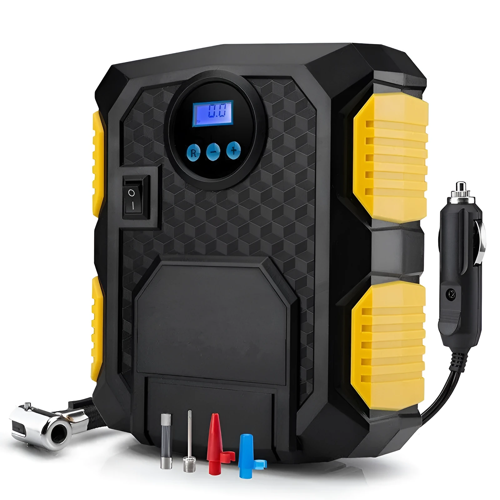 DC 12V digital tire inflator with LED display, bright light, and 3-metre cord for portable car use