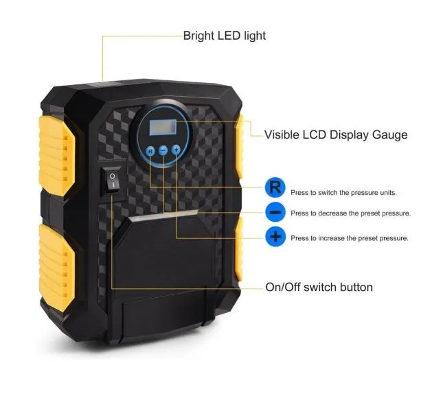 DC 12V digital tire inflator with LED display, bright light, and 3-metre cord for portable car use