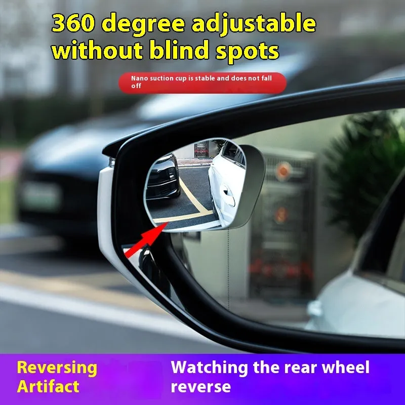 Pair of 360-degree wide-angle suction cup car mirrors in black, white, and silver on a car windscreen