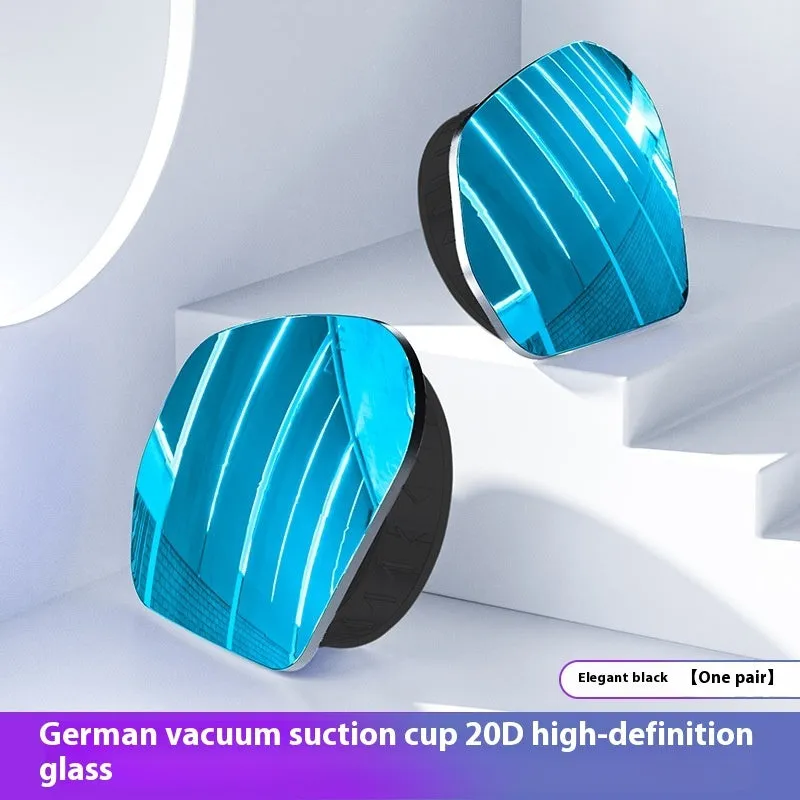 Pair of 360-degree wide-angle suction cup car mirrors in black, white, and silver on a car windscreen