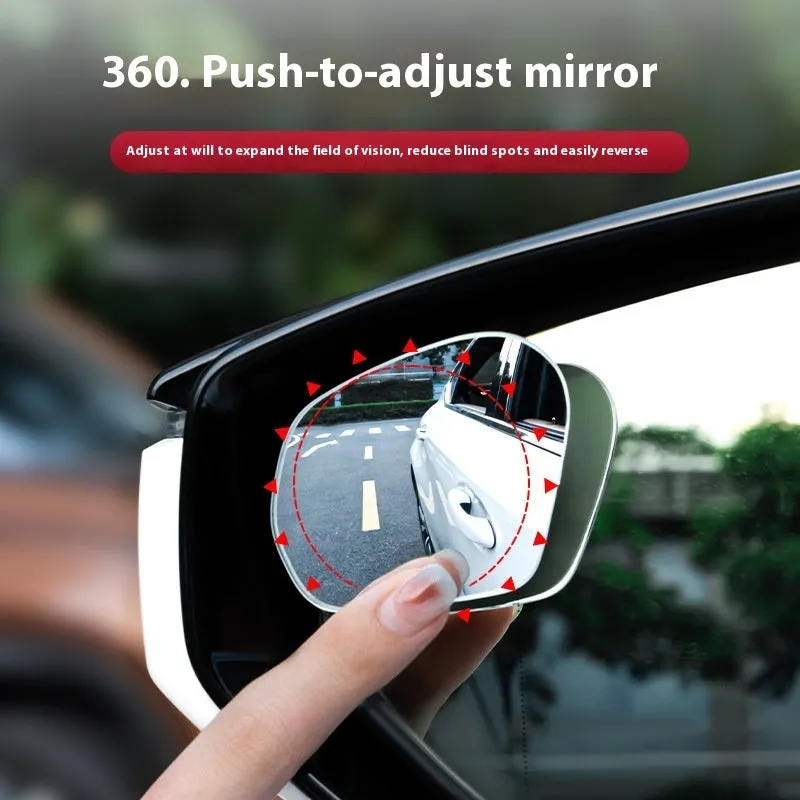 Pair of 360-degree wide-angle suction cup car mirrors in black, white, and silver on a car windscreen