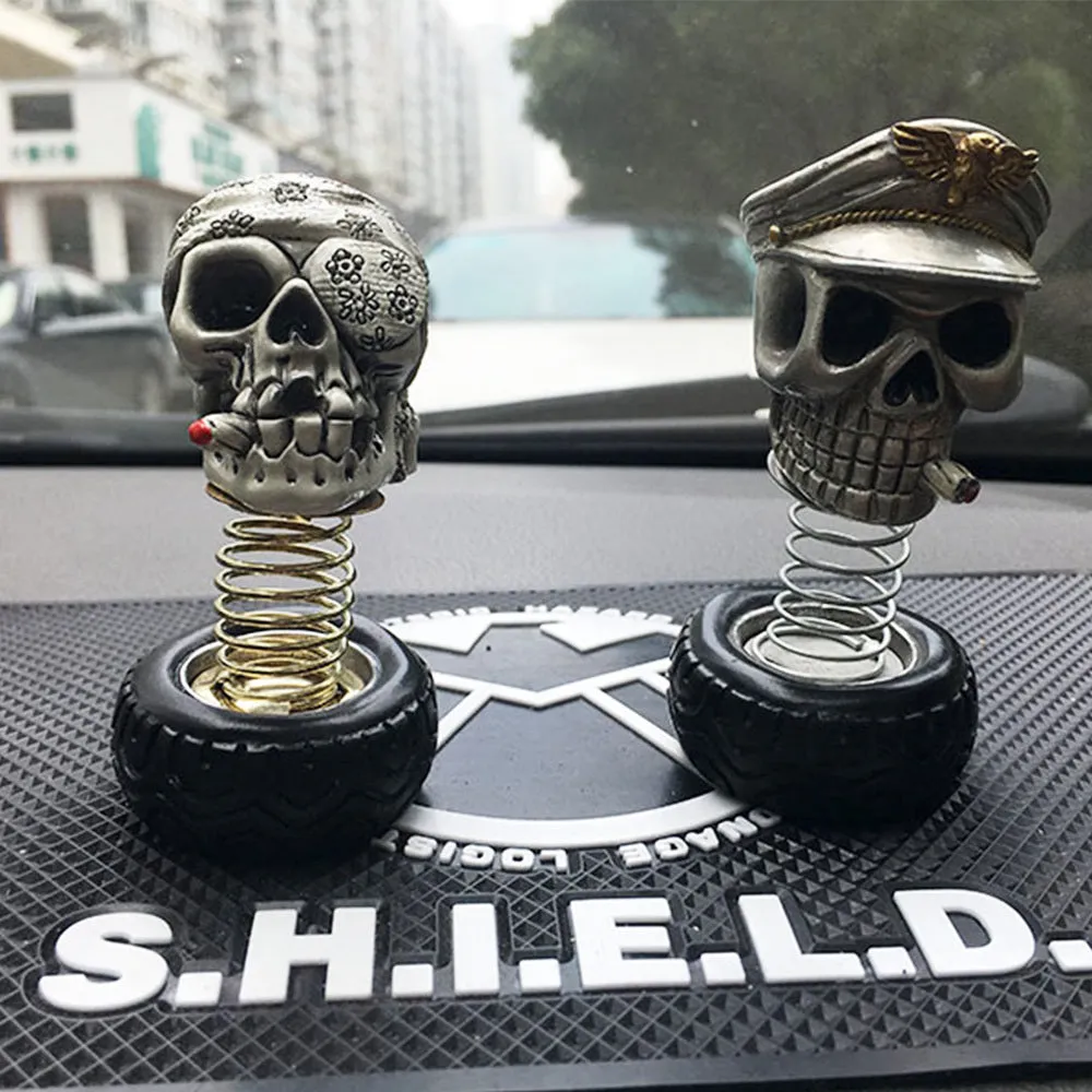 Resin skull car decoration in military cap style with swing head and sticker fix