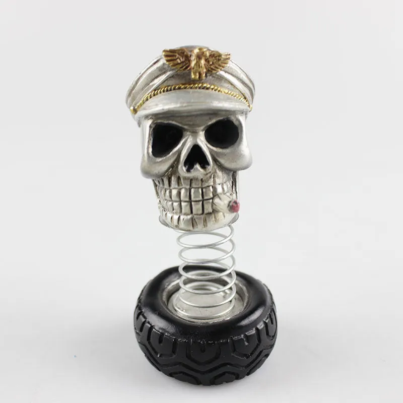 Resin skull car decoration in military cap style with swing head and sticker fix
