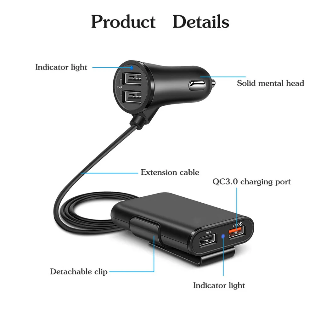 Black plastic fast charge car charger with QC3.0 and dual USB ports, blue LED on charger and white on extender