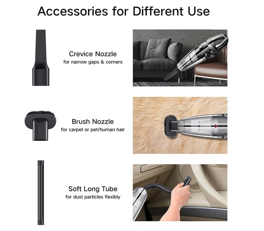 Black cordless handheld car vacuum with crevice nozzle and dust brush on grey background