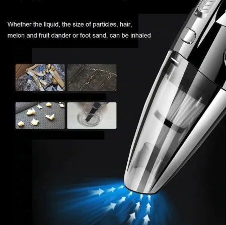 Black cordless handheld car vacuum with crevice nozzle and dust brush on grey background