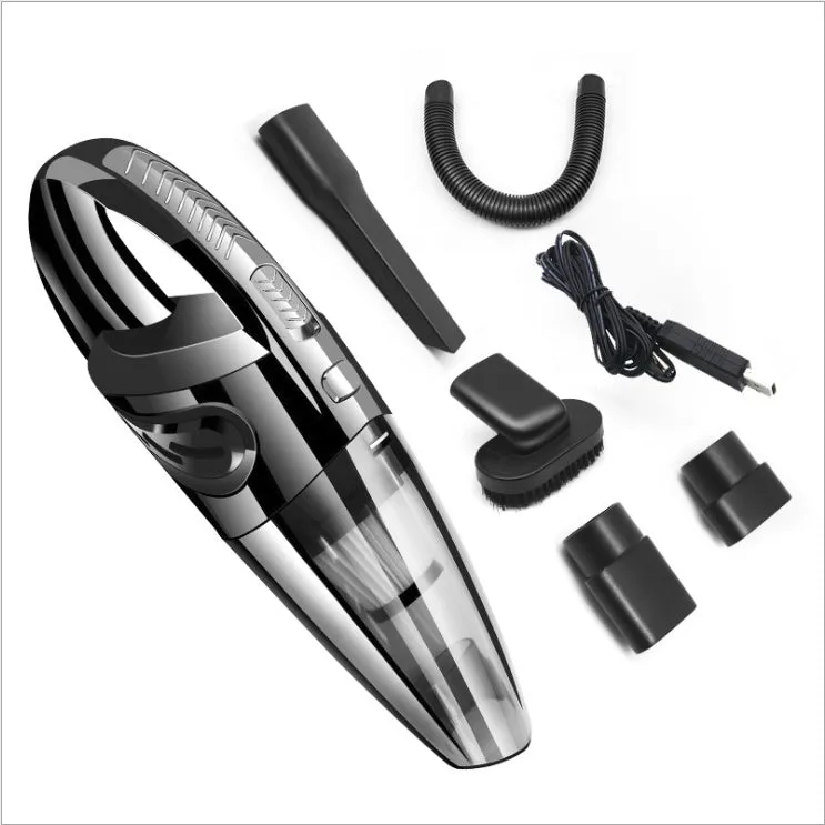 Black cordless handheld car vacuum with crevice nozzle and dust brush on grey background