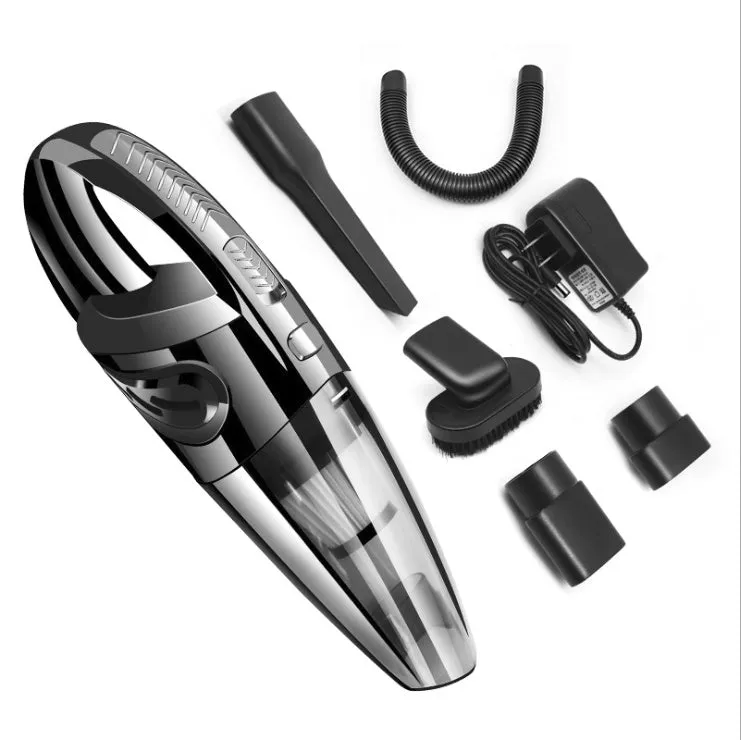 Black cordless handheld car vacuum with crevice nozzle and dust brush on grey background