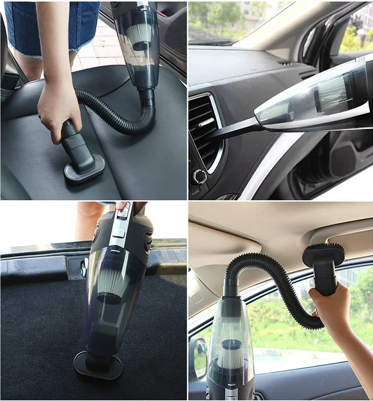 Black cordless handheld car vacuum with crevice nozzle and dust brush on grey background