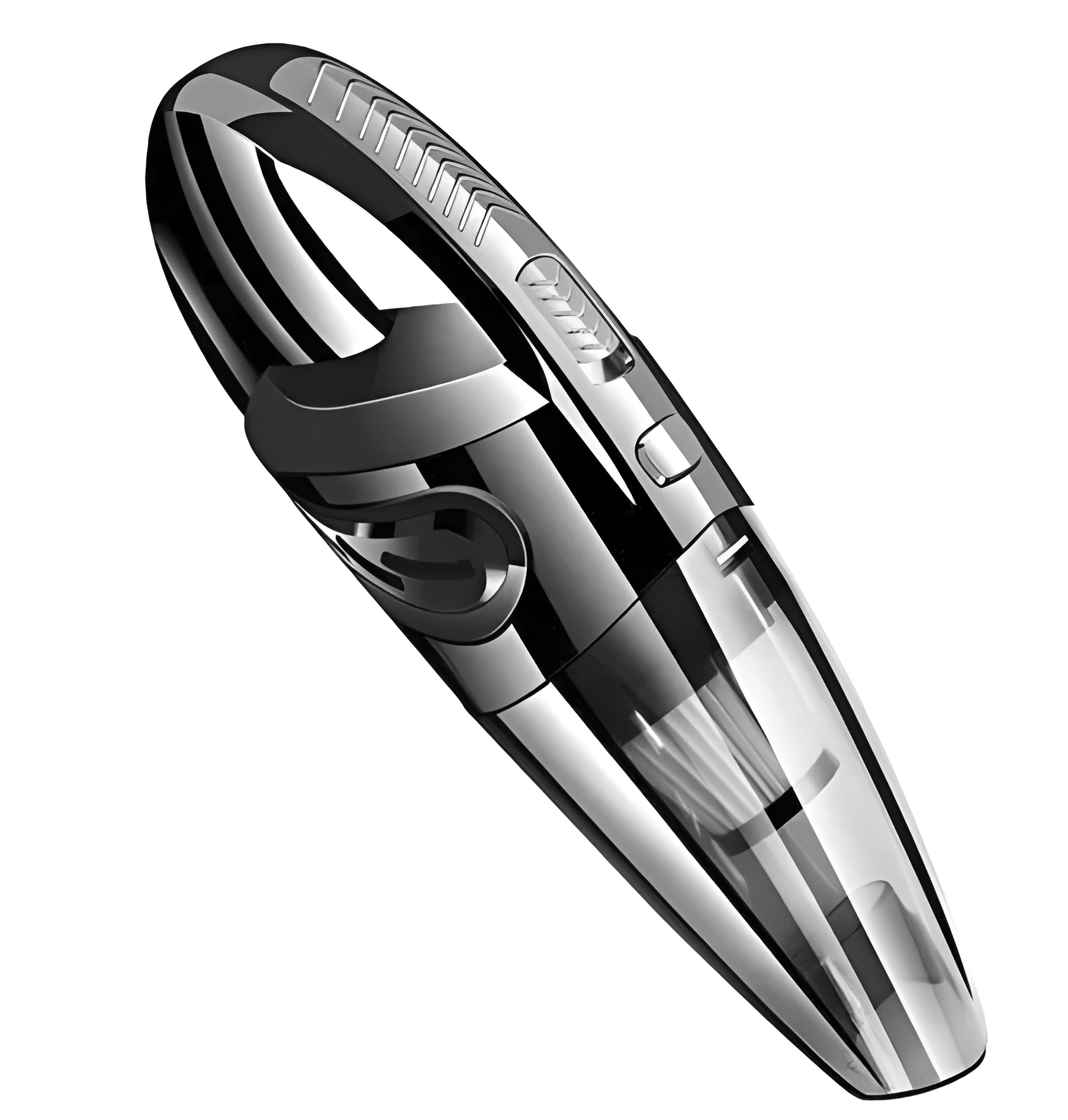 Black cordless handheld car vacuum with crevice nozzle and dust brush on grey background