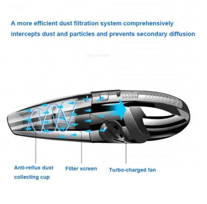Black cordless handheld car vacuum with crevice nozzle and dust brush on grey background