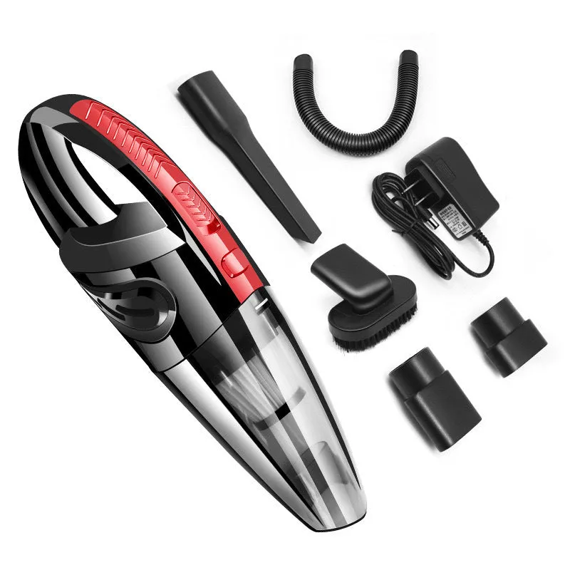 Black cordless handheld car vacuum with crevice nozzle and dust brush on grey background