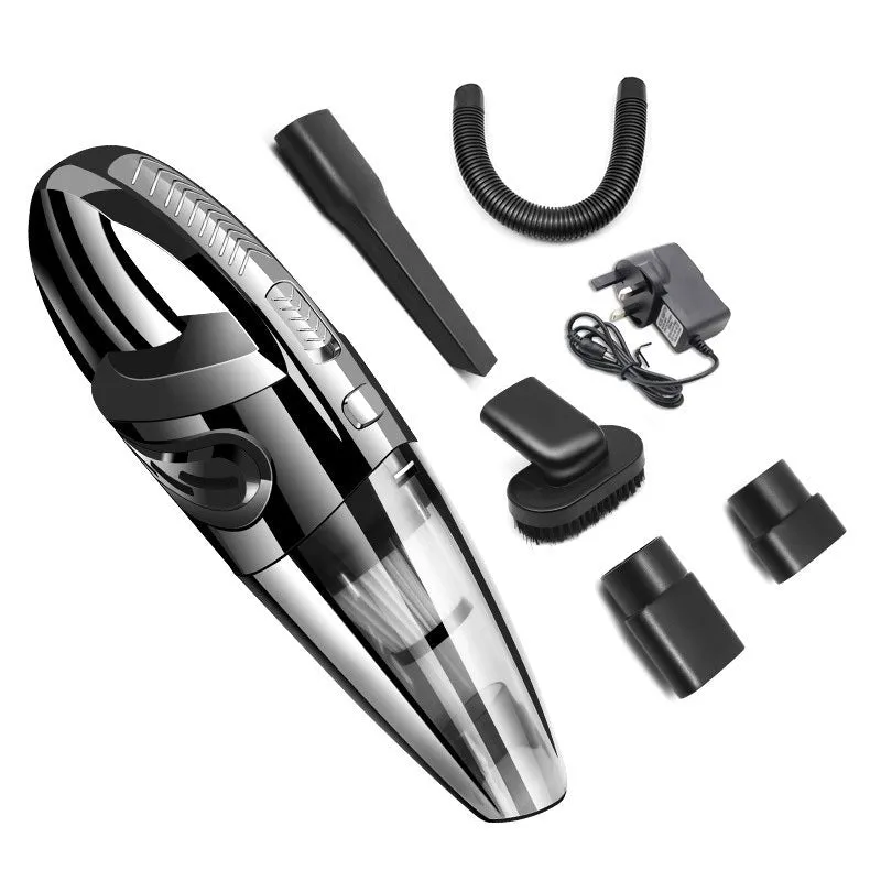 Black cordless handheld car vacuum with crevice nozzle and dust brush on grey background