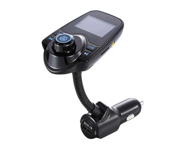 Black Bluetooth player with FM radio and microphone on a table
