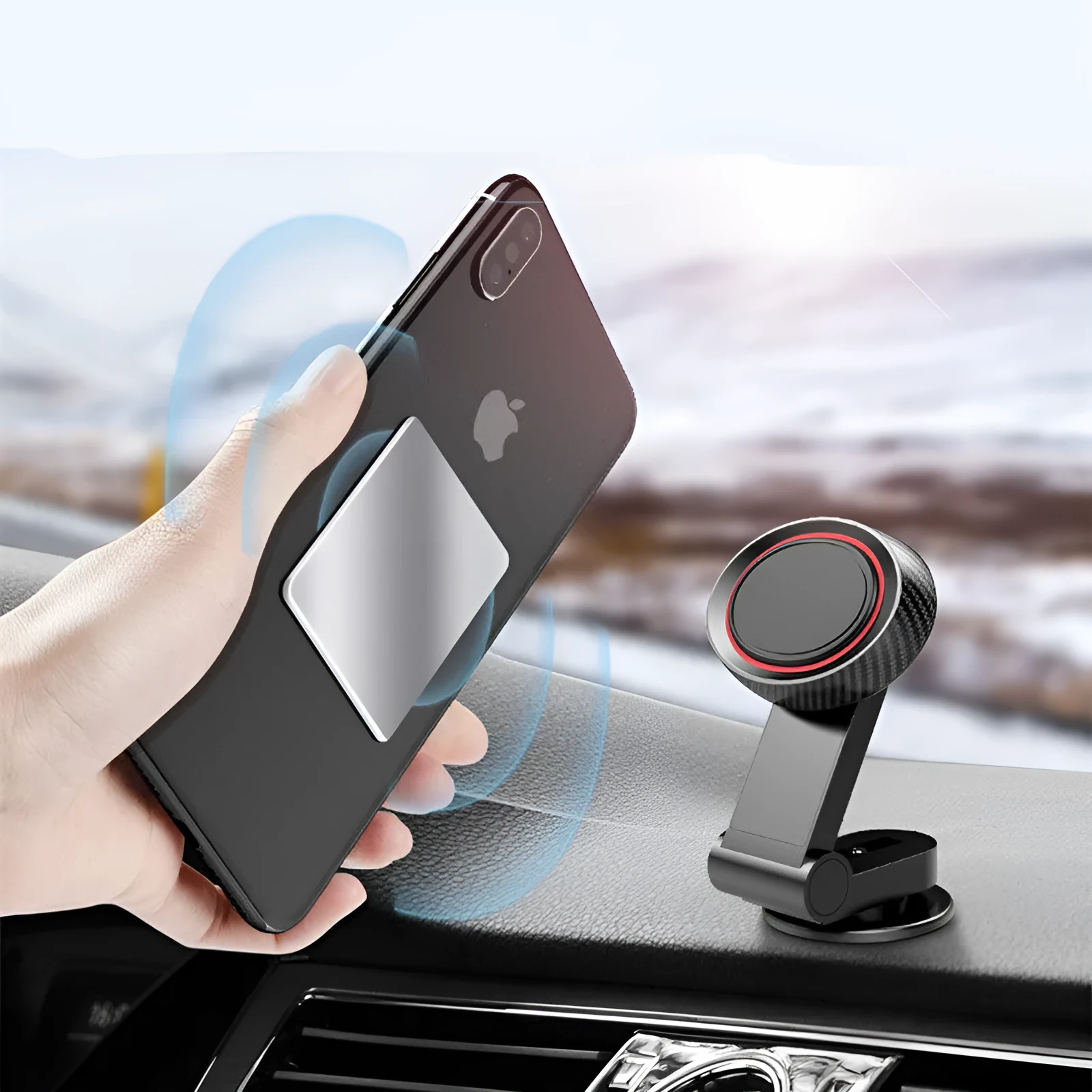 360 degree rotating magnetic car phone holder with sticky base, black, 55x40x95mm, holding a smartphone on a car dashboard