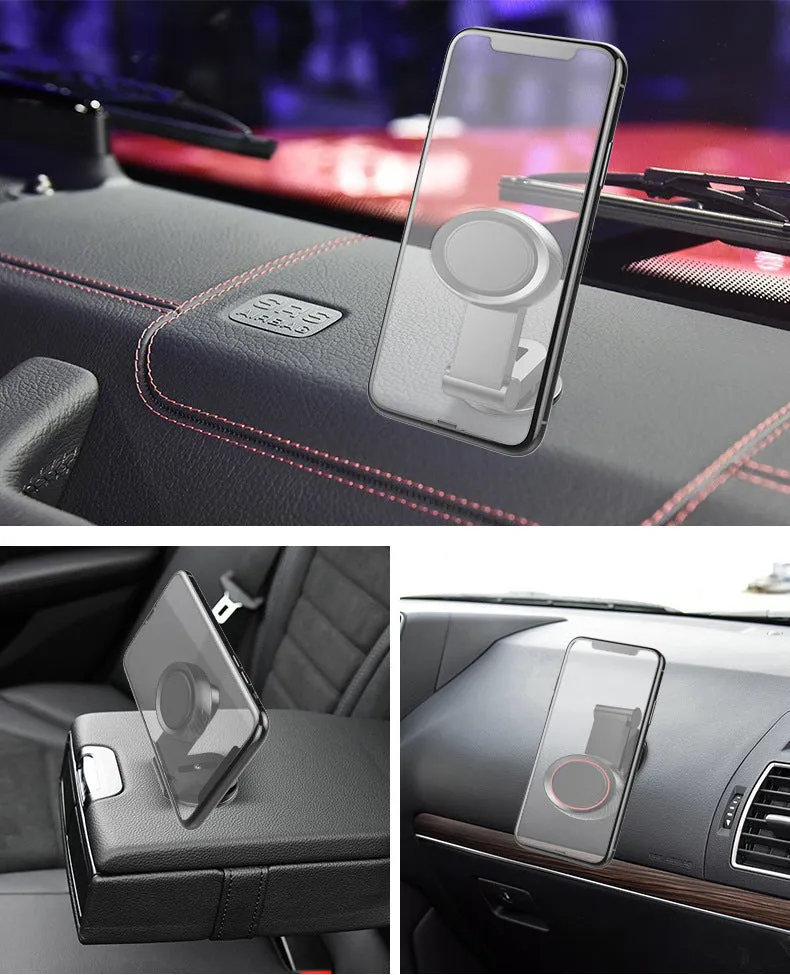 360 degree rotating magnetic car phone holder with sticky base, black, 55x40x95mm, holding a smartphone on a car dashboard