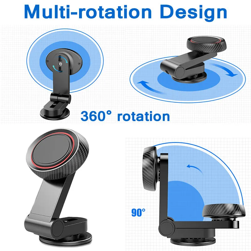 360 degree rotating magnetic car phone holder with sticky base, black, 55x40x95mm, holding a smartphone on a car dashboard