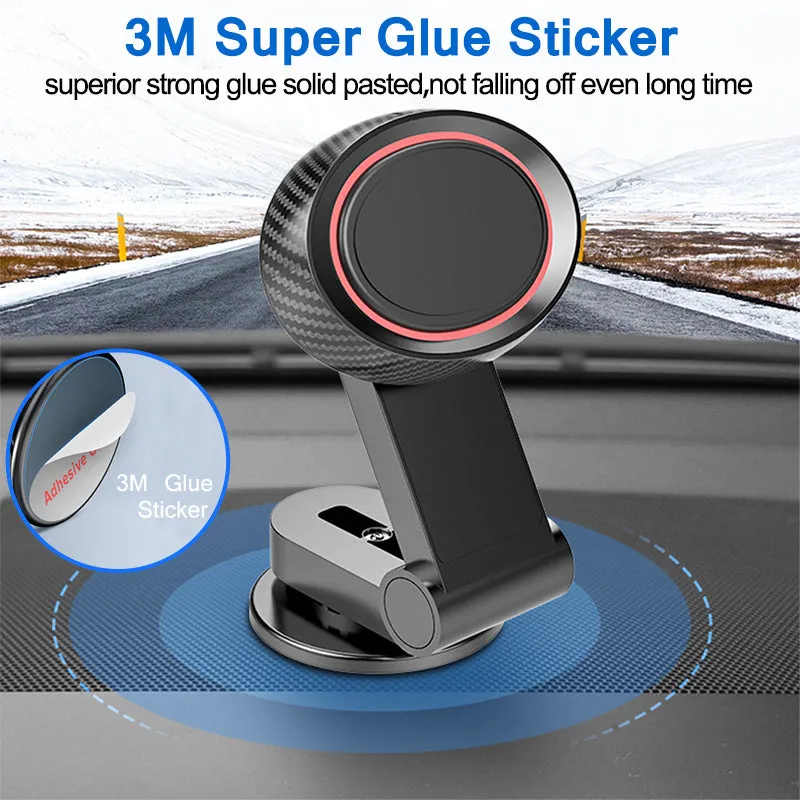 360 degree rotating magnetic car phone holder with sticky base, black, 55x40x95mm, holding a smartphone on a car dashboard