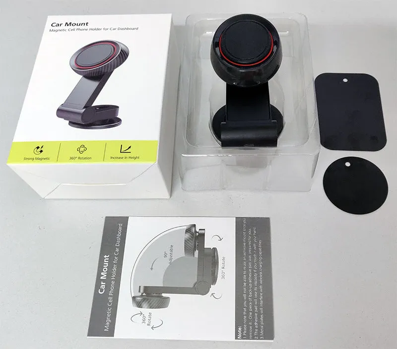 360 degree rotating magnetic car phone holder with sticky base, black, 55x40x95mm, holding a smartphone on a car dashboard