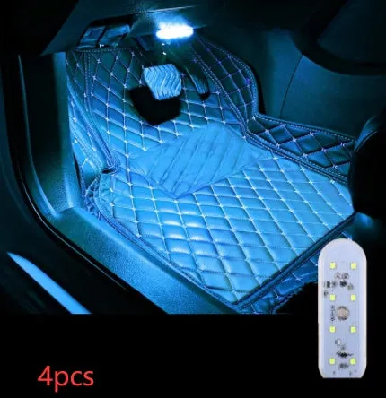Touch-sensitive USB rechargeable car atmosphere lamp showing ice blue LED light with Velcro mount