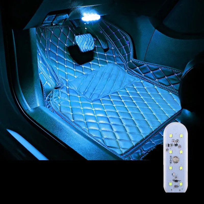 Touch-sensitive USB rechargeable car atmosphere lamp showing ice blue LED light with Velcro mount