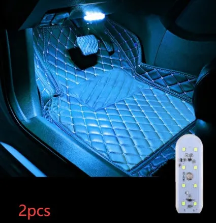 Touch-sensitive USB rechargeable car atmosphere lamp showing ice blue LED light with Velcro mount