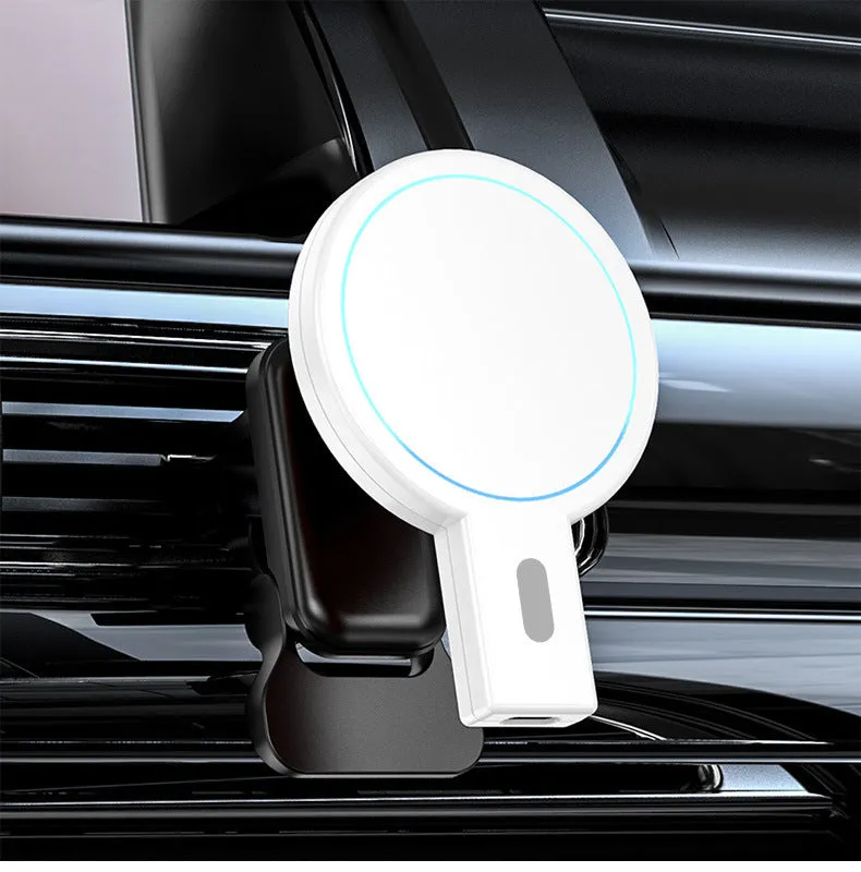 Black and white magnetic wireless charger with USB-C cable on desk