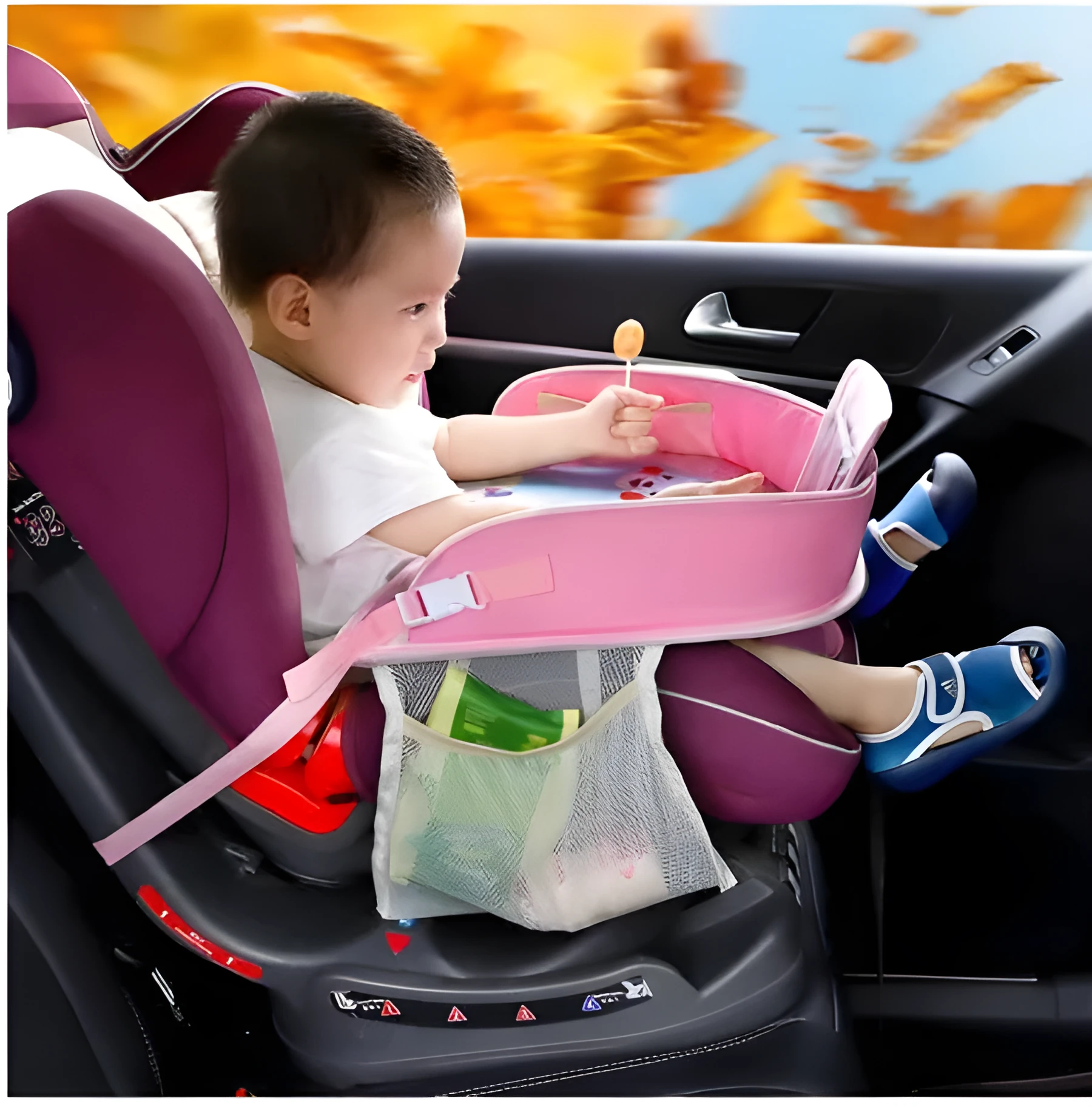 Baby car seat tray table made from Oxford and polyester in blue, size 42x32x8 cm
