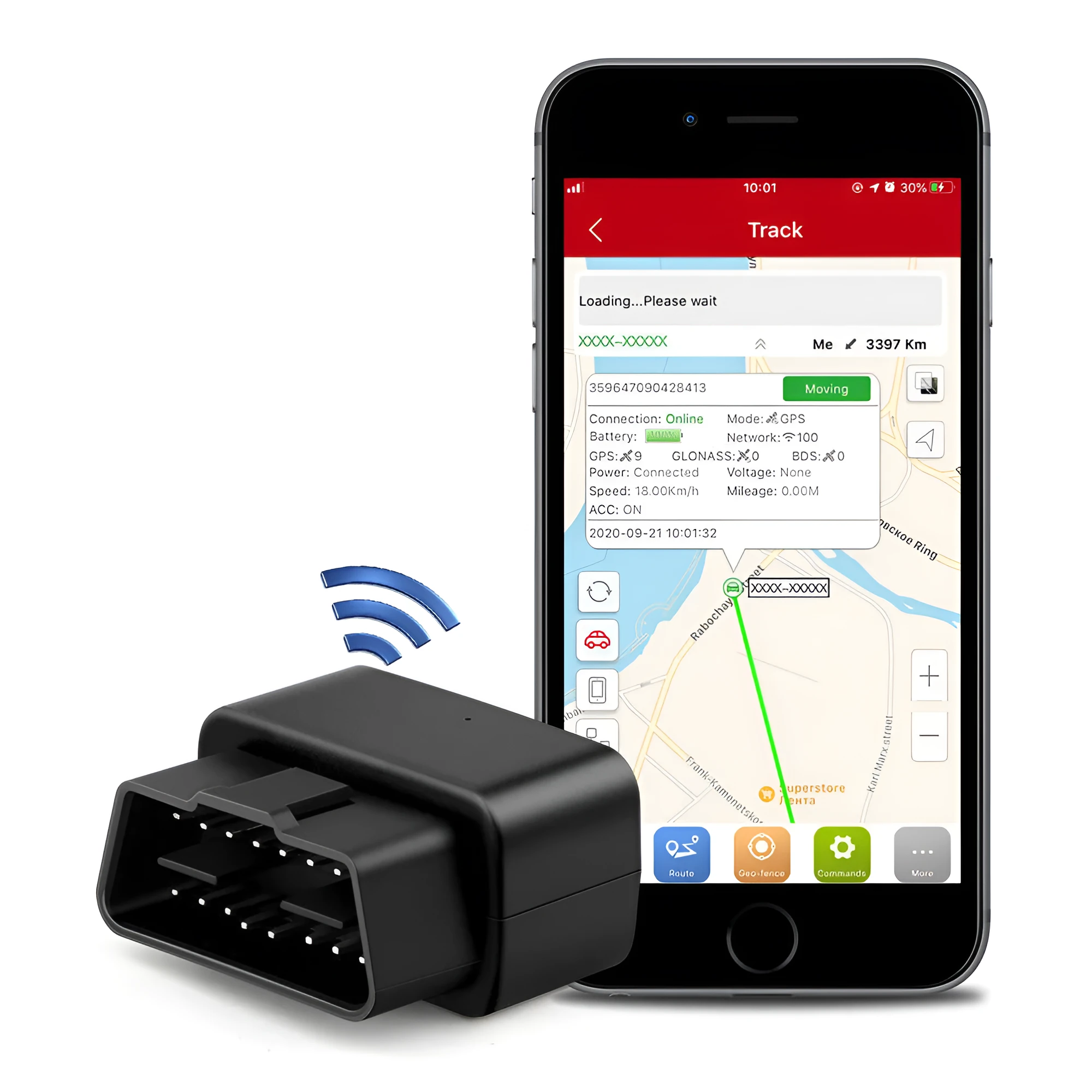 Black OBD GPS locator plug and play vehicle tracker with ABS casing and built-in antenna