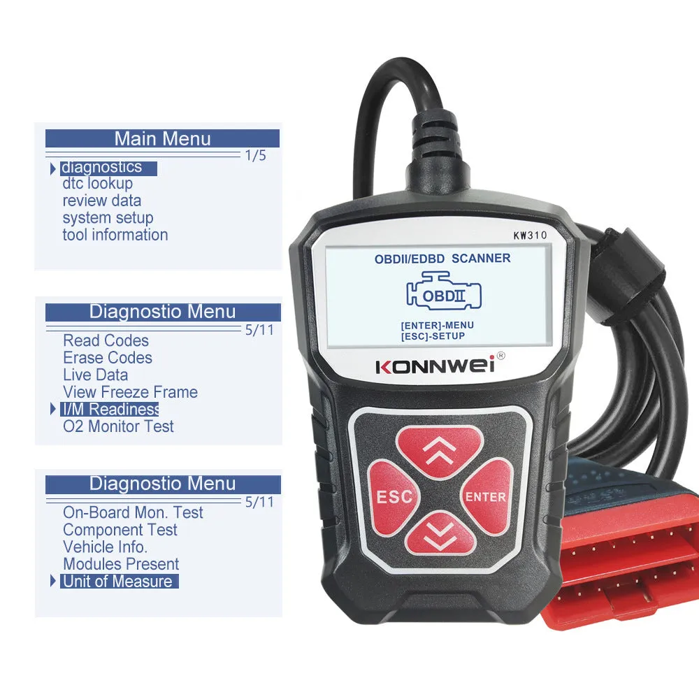 KW310 black car diagnostic scanner with OBD connector and LCD screen on white background