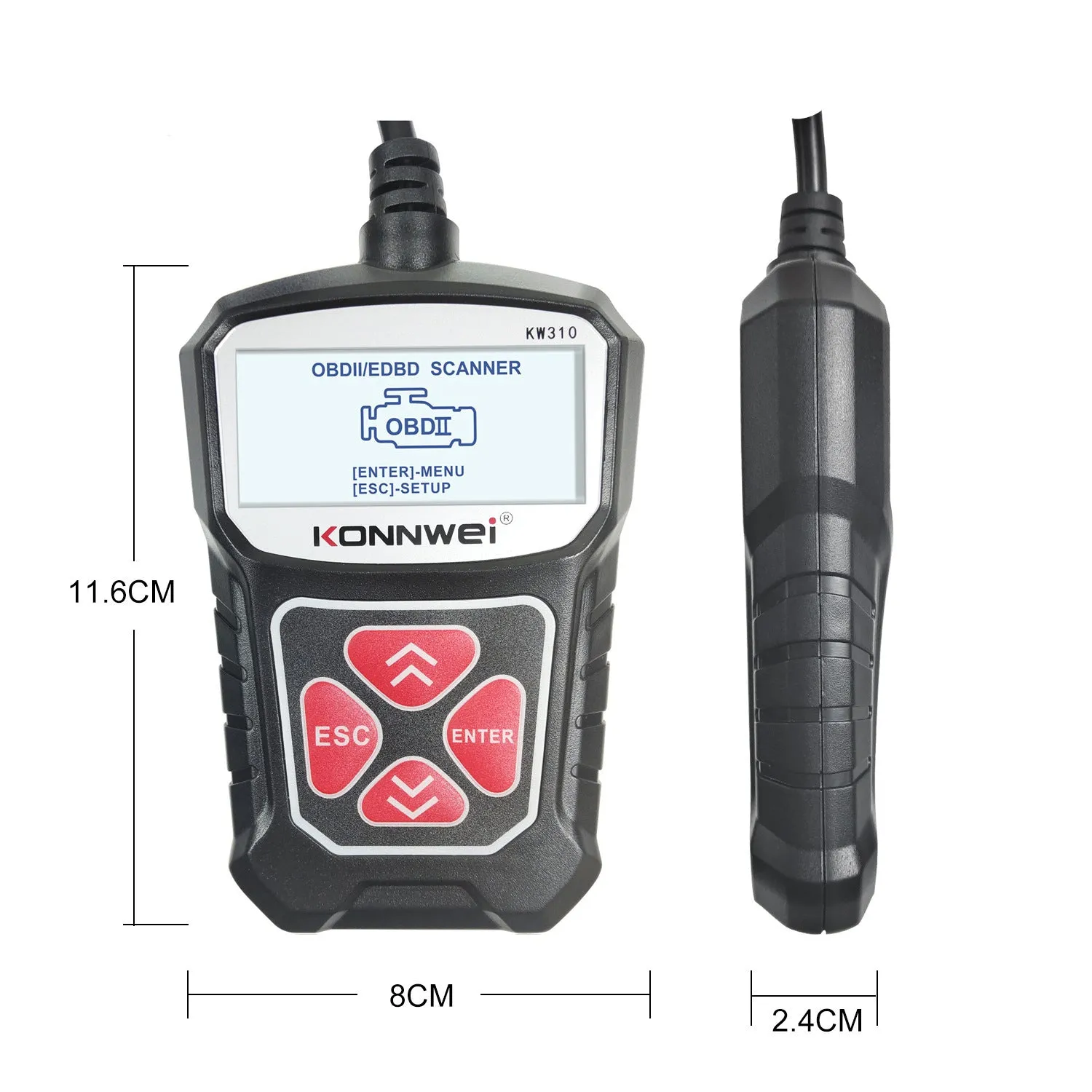 KW310 black car diagnostic scanner with OBD connector and LCD screen on white background