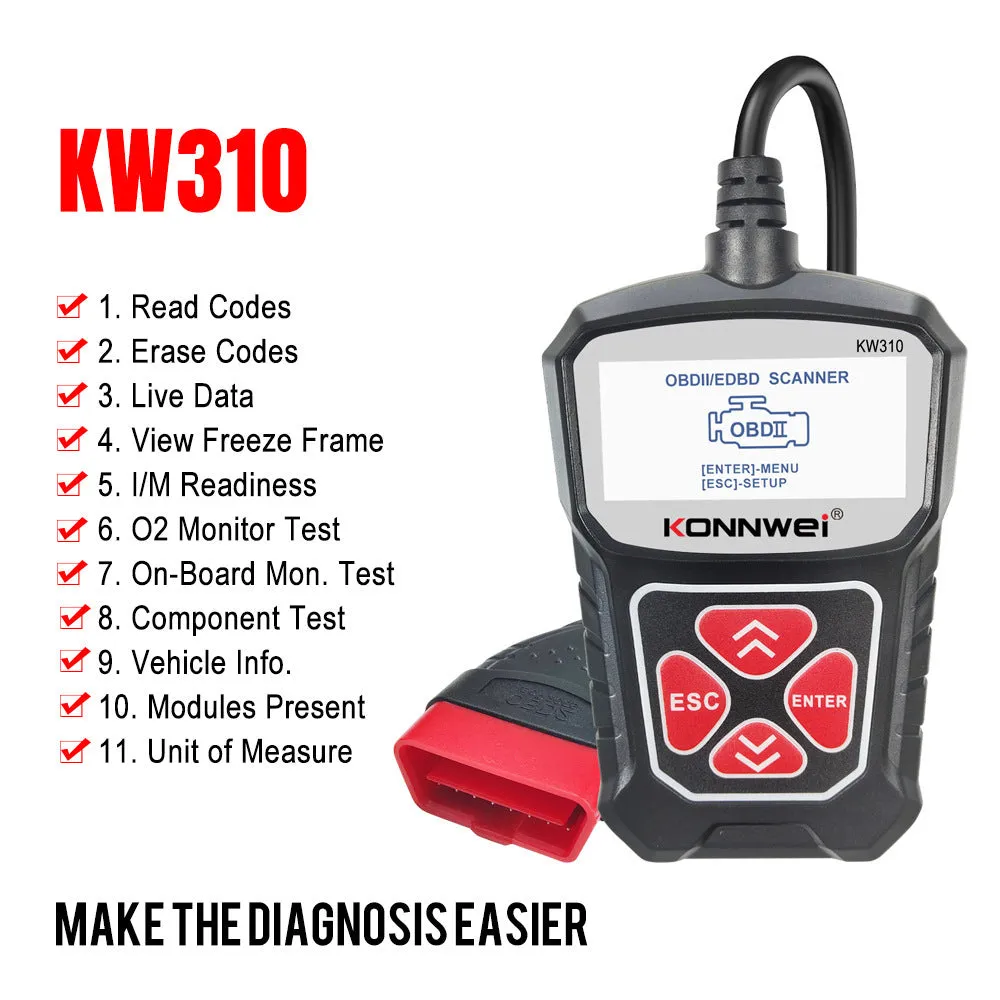 KW310 black car diagnostic scanner with OBD connector and LCD screen on white background