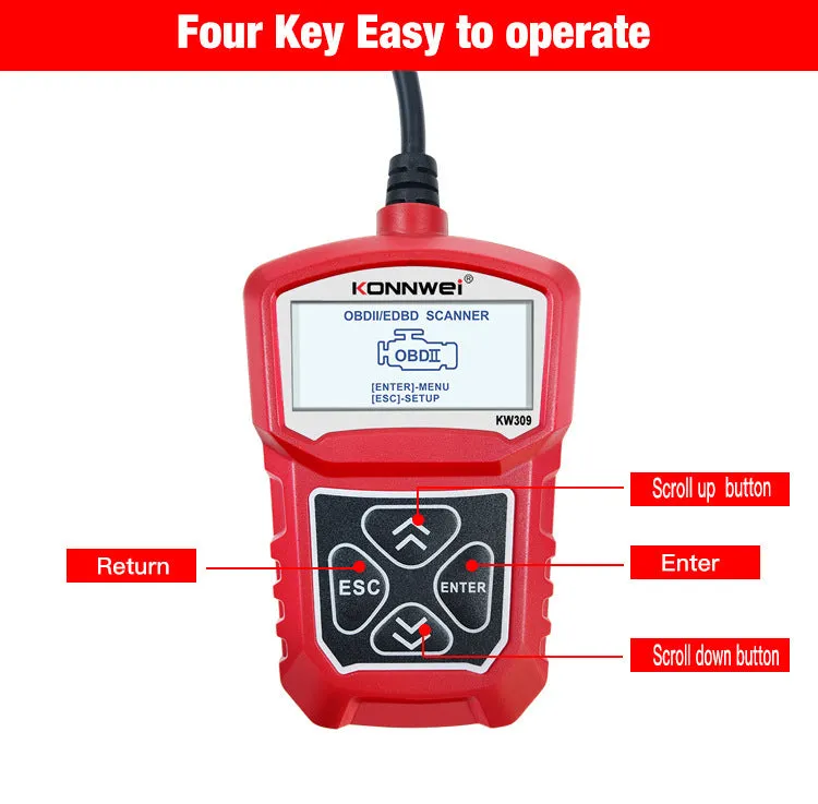 KW310 black car diagnostic scanner with OBD connector and LCD screen on white background