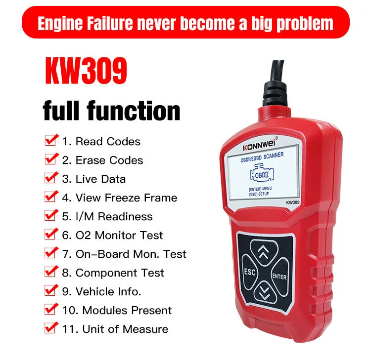 KW310 black car diagnostic scanner with OBD connector and LCD screen on white background