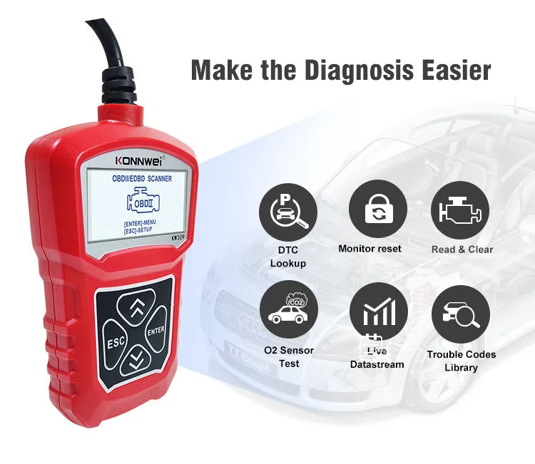 KW310 black car diagnostic scanner with OBD connector and LCD screen on white background