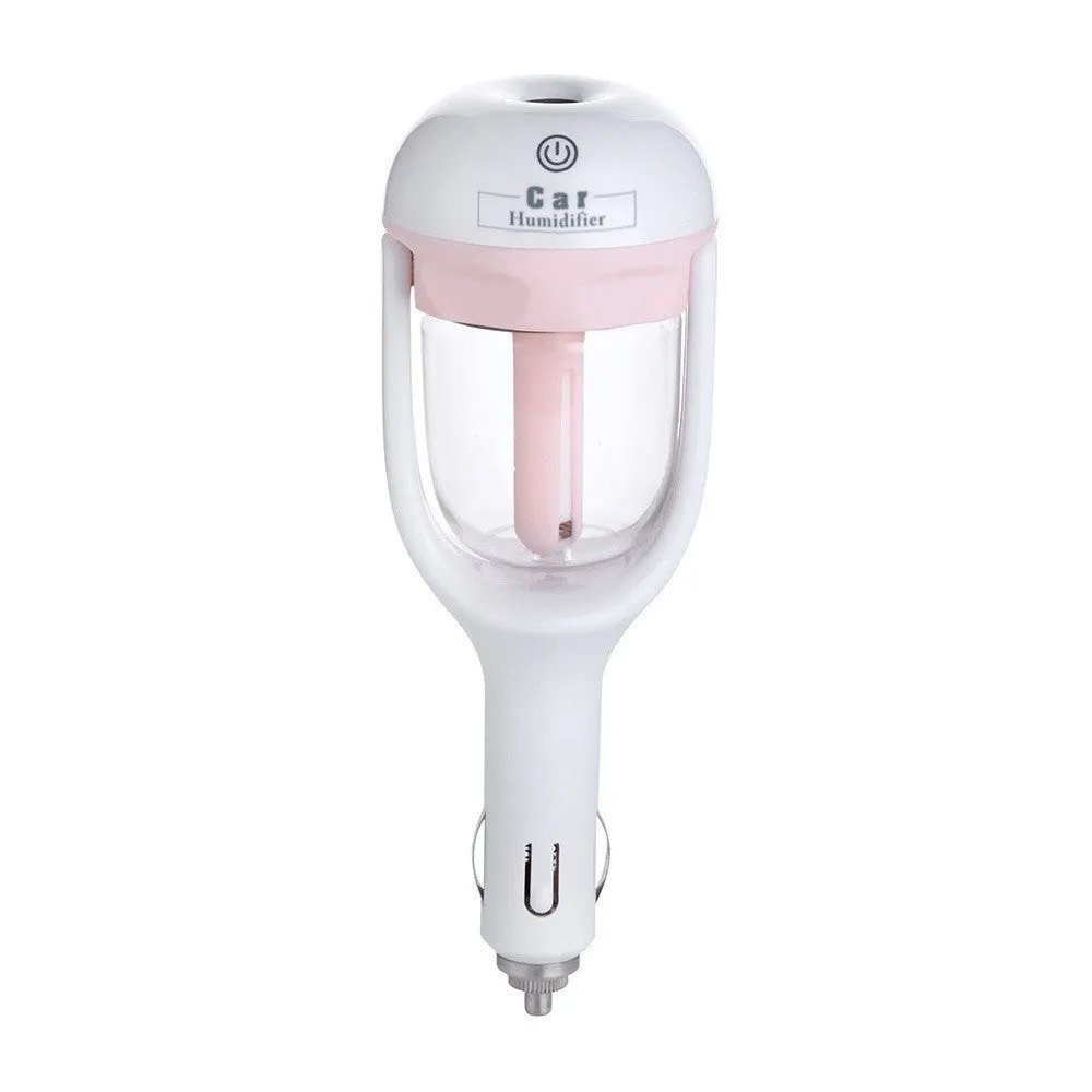 Mini 12V car steam humidifier with 50ml water tank in blue, showing compact size and 180-degree rotating nozzle