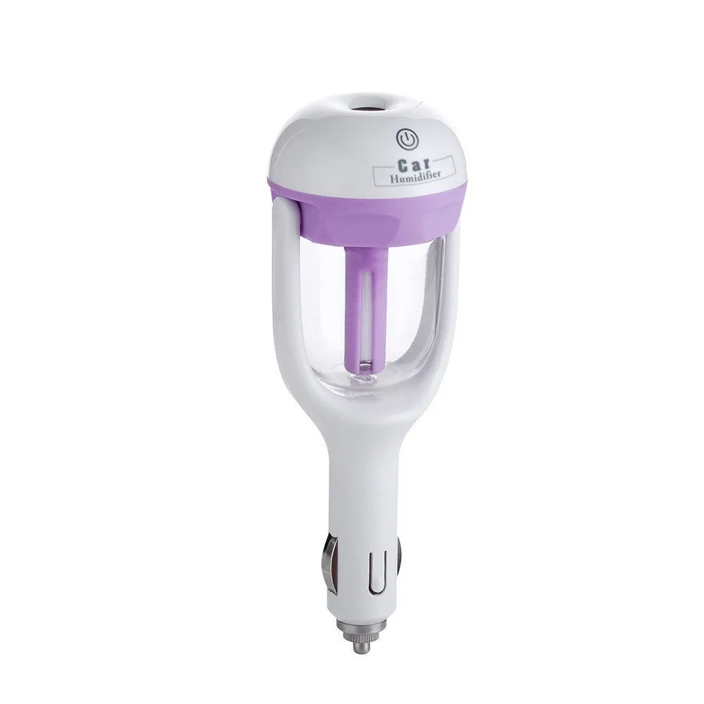 Mini 12V car steam humidifier with 50ml water tank in blue, showing compact size and 180-degree rotating nozzle