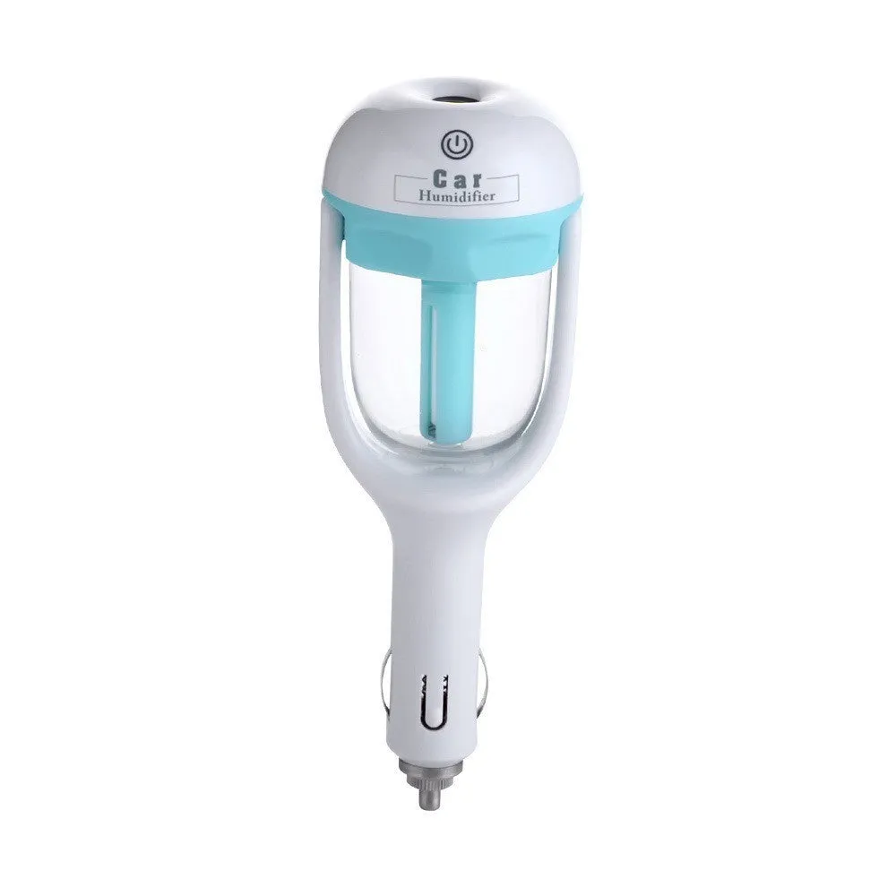 Mini 12V car steam humidifier with 50ml water tank in blue, showing compact size and 180-degree rotating nozzle