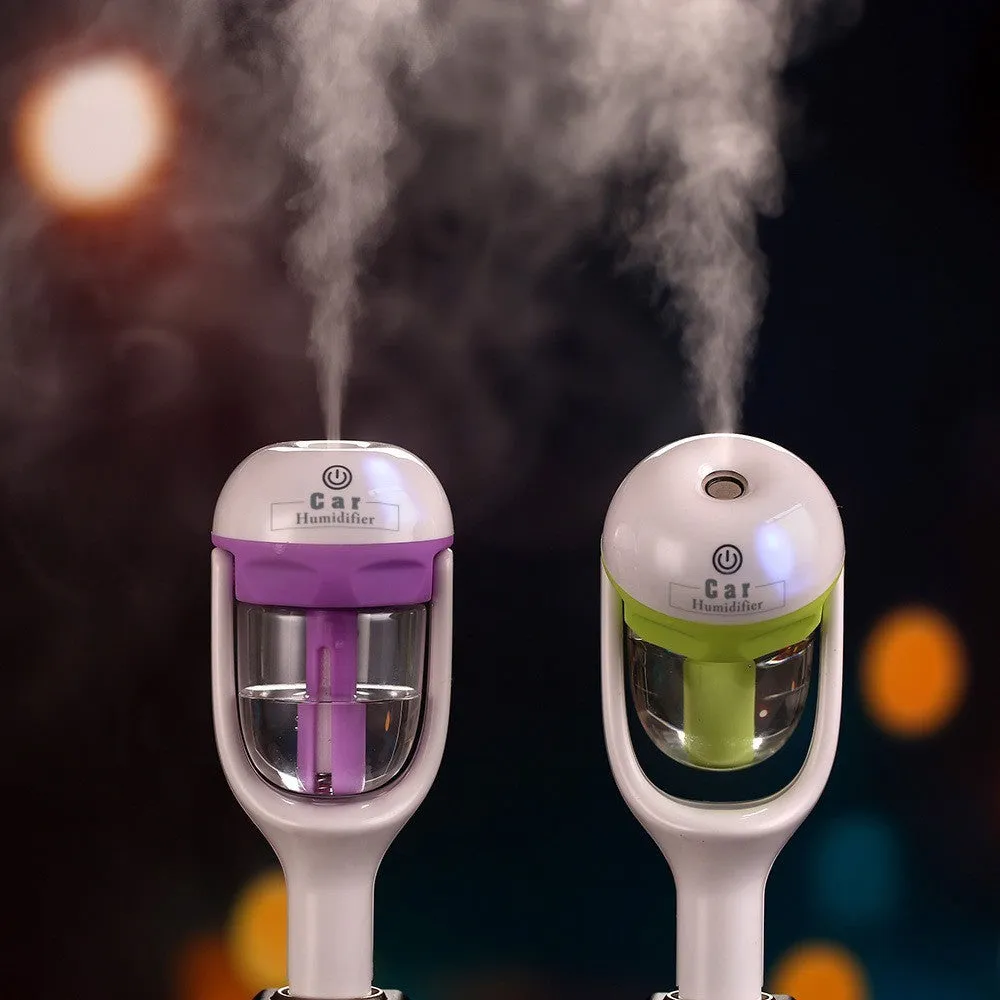 Mini 12V car steam humidifier with 50ml water tank in blue, showing compact size and 180-degree rotating nozzle