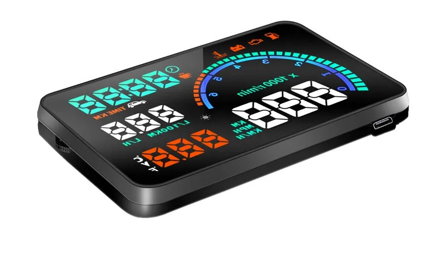 New i9 head up display with 5.5 inch aviation LED screen in black, showing speed and fuel data on a car dashboard