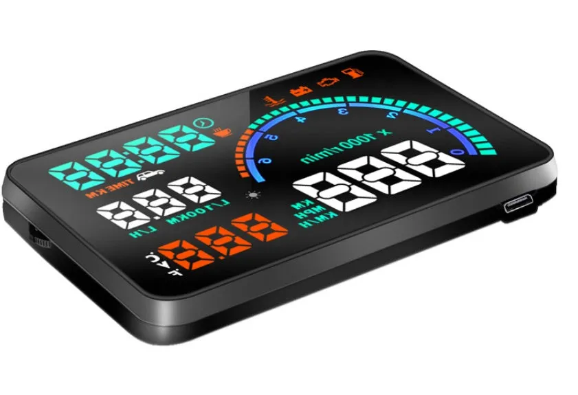 New i9 head up display with 5.5 inch aviation LED screen in black, showing speed and fuel data on a car dashboard