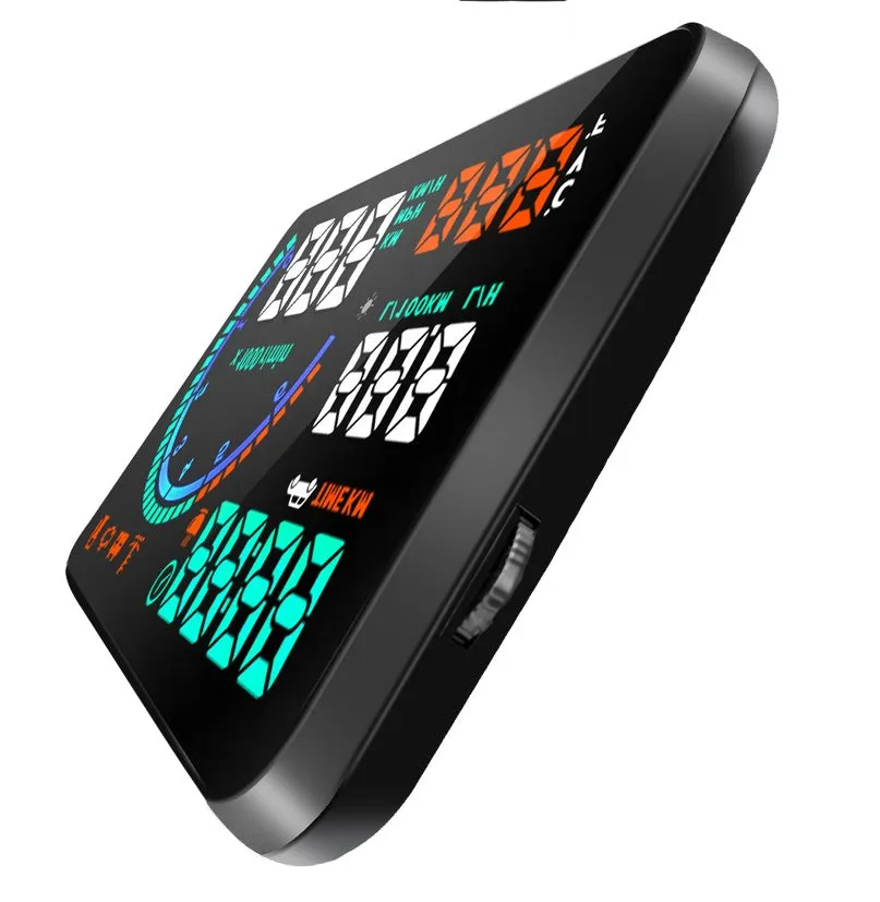 New i9 head up display with 5.5 inch aviation LED screen in black, showing speed and fuel data on a car dashboard