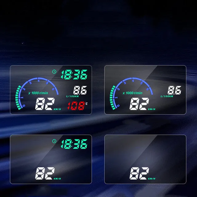 New i9 head up display with 5.5 inch aviation LED screen in black, showing speed and fuel data on a car dashboard