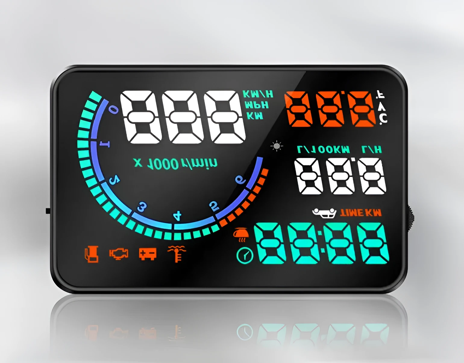 New i9 head up display with 5.5 inch aviation LED screen in black, showing speed and fuel data on a car dashboard