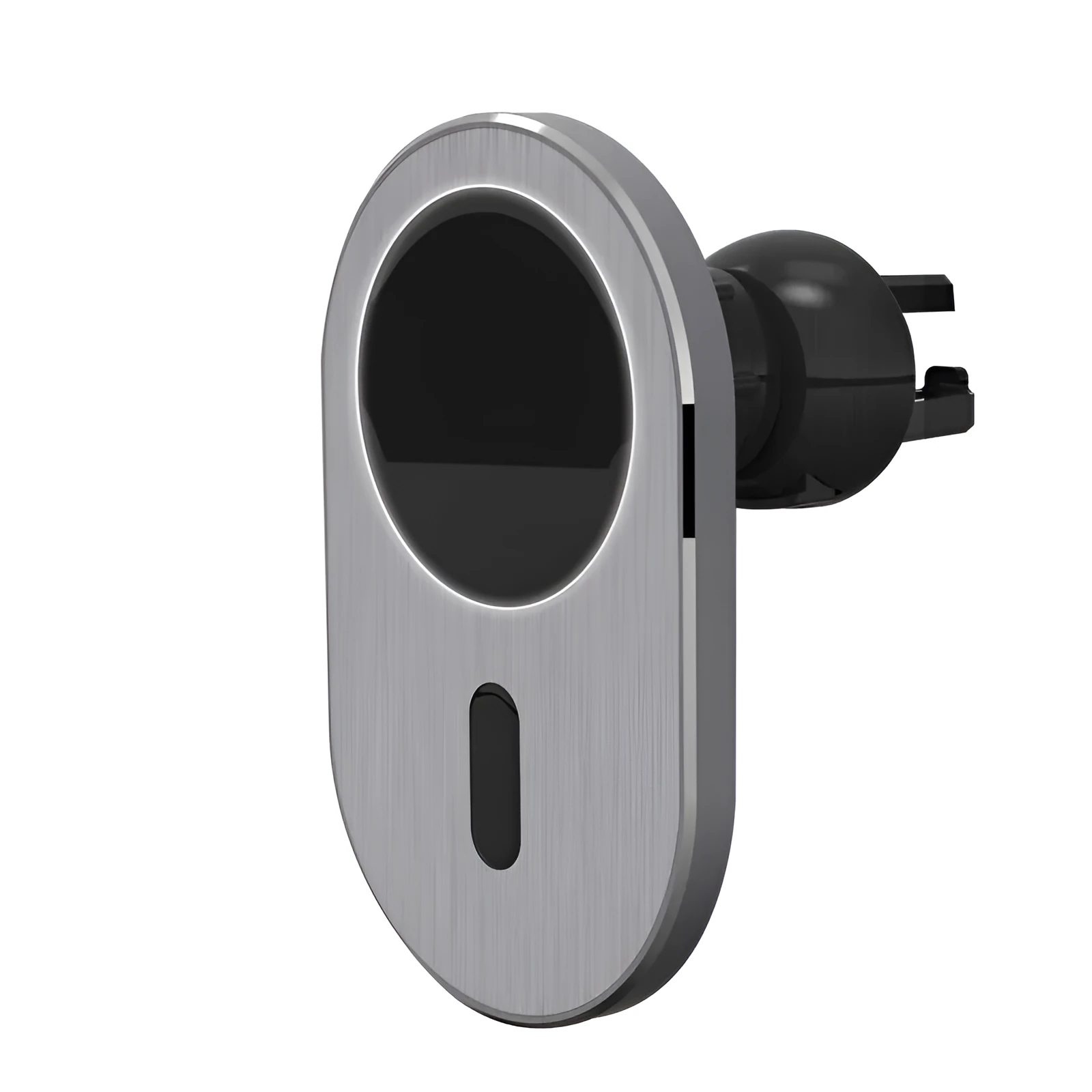 Grey aluminium alloy car magnetic wireless charger for iPhone on dashboard