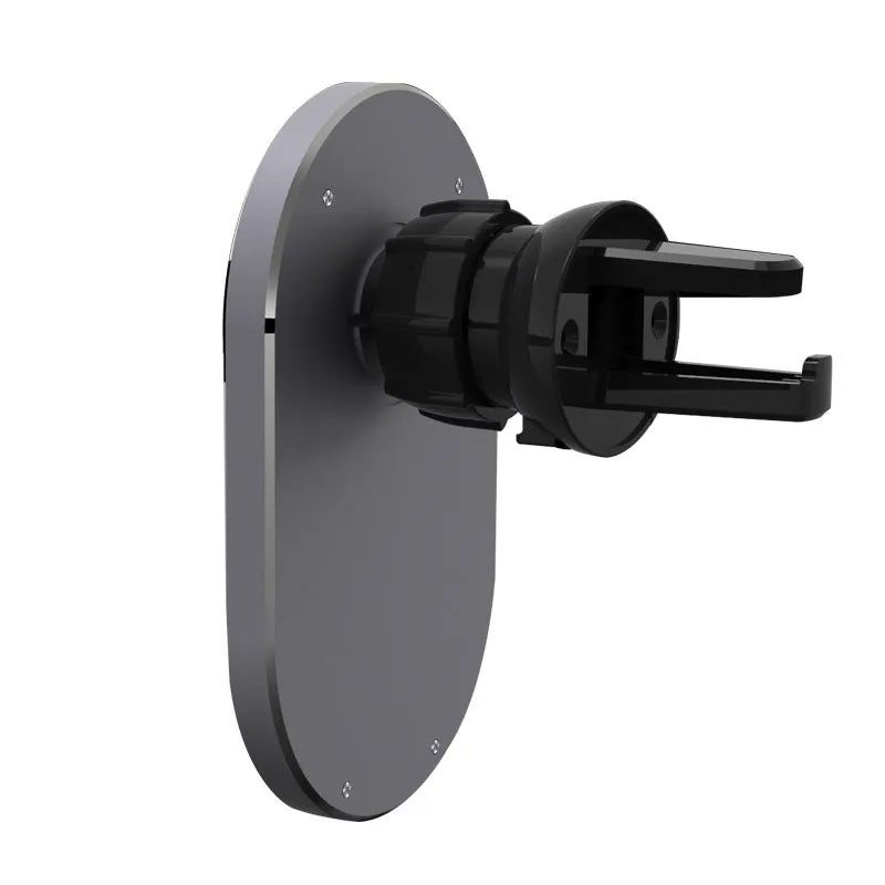 Grey aluminium alloy car magnetic wireless charger for iPhone on dashboard