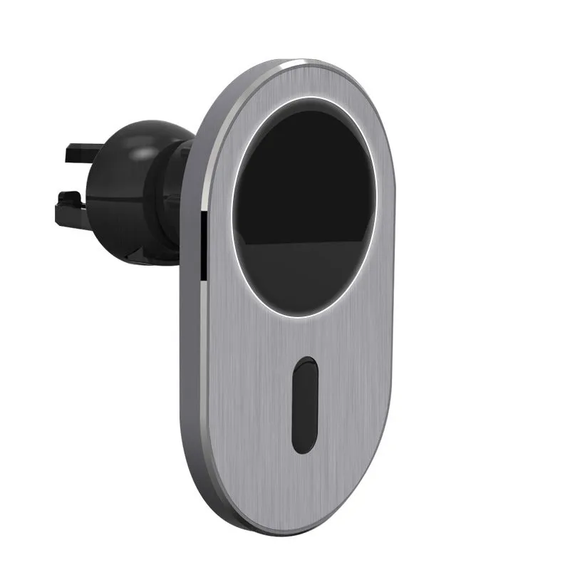 Grey aluminium alloy car magnetic wireless charger for iPhone on dashboard