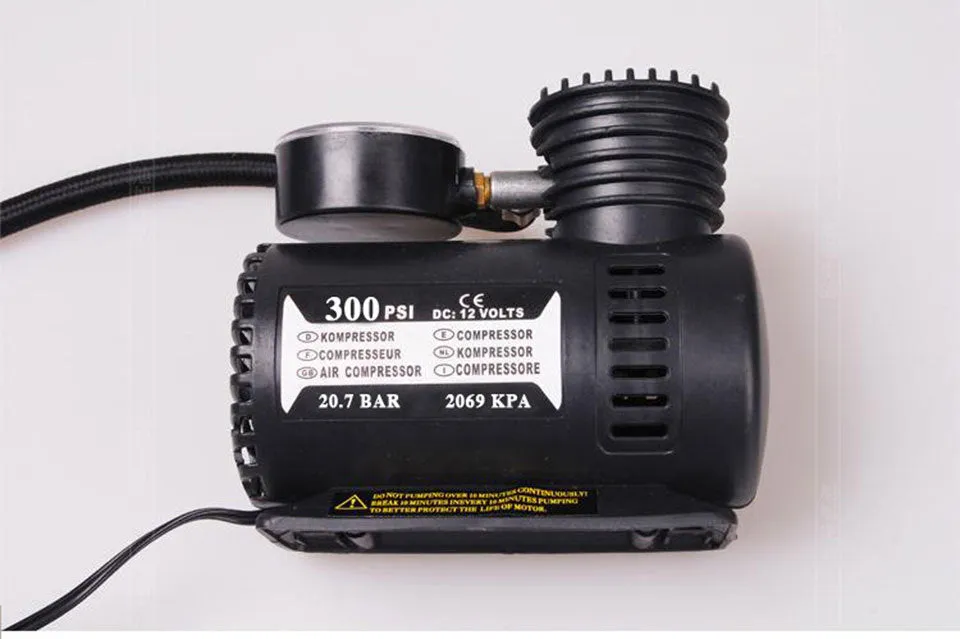 Black plastic 12V car air pump with nozzle and 275cm thread