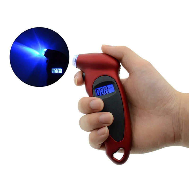 Digital tyre pressure gauge with four-unit LCD display, compact 13.8 cm design, in black